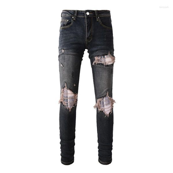 Jeans Masculino Arrivals Preto Desgastado Skinny Stretch Rasgado Streetwear Rosa Ribs Patchwork Slim Fit Denim