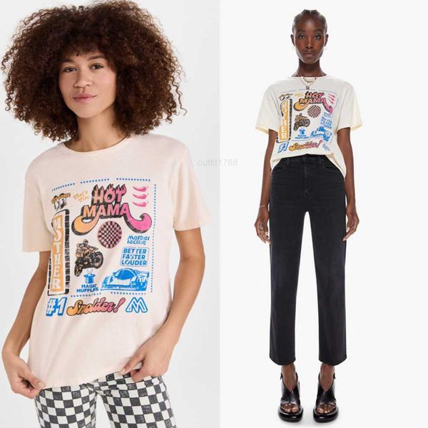 Neues Mo Apricot Hot Mama Racing Print Kurzarm-T-Shirt für Damen