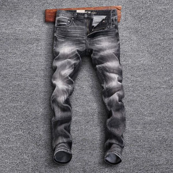 Jeans Masculino Estilo Italiano Moda Masculina Alta Qualidade Retro Cinza Ajuste Justo Calças Rasgadas Calças Denim Vintage Hombre