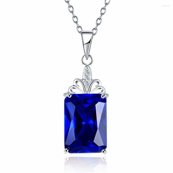 Colares com Pingente Elegante Azul Escuro Quadrado Nobre Luxo Banhado a Platina 18K Corrente de Clavícula de Cristal Incrustado Simples