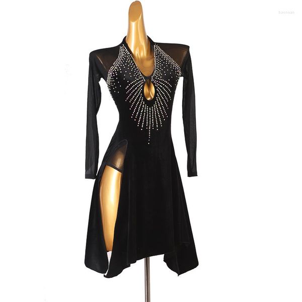 Traje de palco Personalização avançada Traje de dança latina Tops Feminino Vestido preto Rumba Tango Borla Cha-Cha Saia curta Estilo Roupas tamanho grande