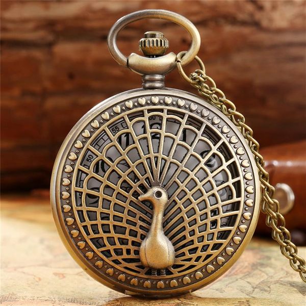 Бронзовый полый павлин часы для мужчин женщины кварцевые карманные часы аналоговый дисплей с подарками по сети по колье Montre de poche295z