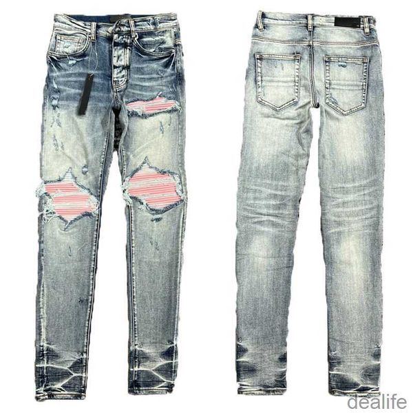 Lila Designer-Jeans der Marke European Ripped Jean Men Stickerei Quilting für Trend Vintage Pant Mens Fold Slim Skinny Fashion Sstraight Pants HVCS