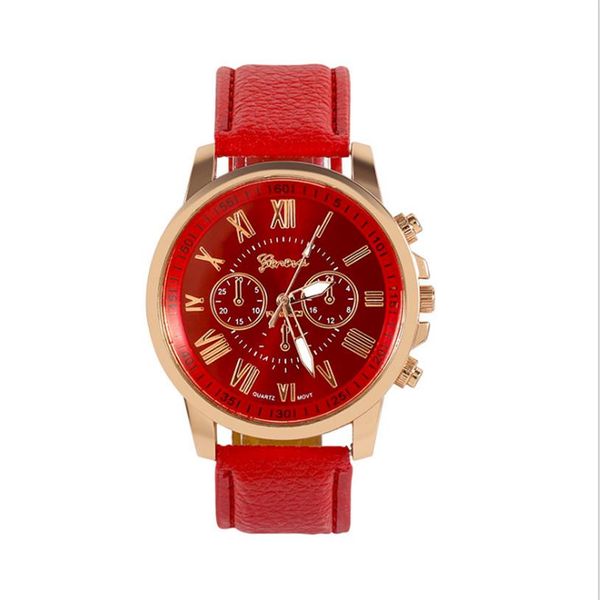 Drei-Subidials-rote Uhr Retro-Genf-Studentenuhren Damen-Quarz-Trend-Armbanduhr mit Lederband271Z