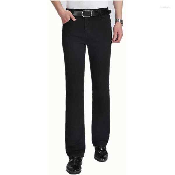 Jeans masculino versão coreana de calça jeans micro sino masculino fino elástico pequeno flare preto tamanho 28-37