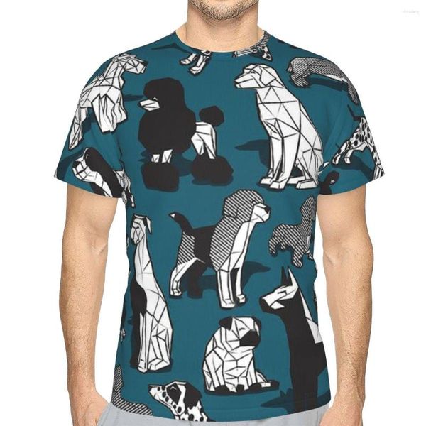 Herren-T-Shirts, geometrisch, süße nasse Nasen, dunkler blaugrüner Hintergrund, schwarz-weiße Hunde, Stil, Polyester-T-Shirt, dreidimensionales, dünnes 3D-Shirt