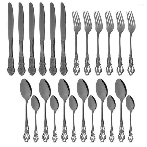 Geschirr-Sets, 24-teilig, schwarz, luxuriös, Edelstahl, Vintage-Western-Besteck, Spiegel, Geschirr, Abendessen, Messer, Löffel, Gabel, Besteck