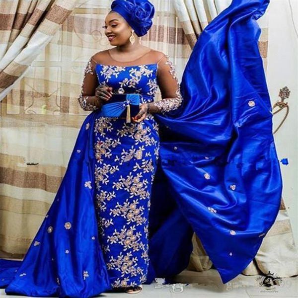 Azul real Aso Ebi Vestido de noite 2020 Nigéria Saudi Plus Size Vestidos de festa de formatura Apliques de renda Trem destacável Vestido de celebridade249u