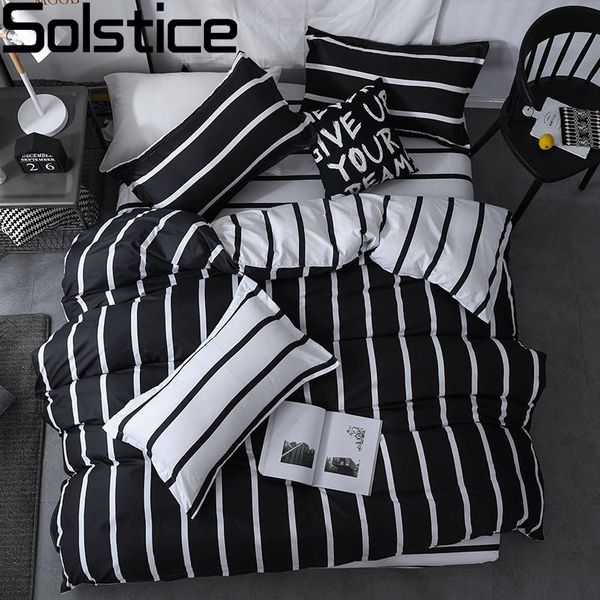 Conjuntos de cama Conjunto de cama Solstice Capa de edredom Fronha Conjunto de roupa de cama estampado listrado preto e branco Capa de edredon Lençol de cama queen size 230728