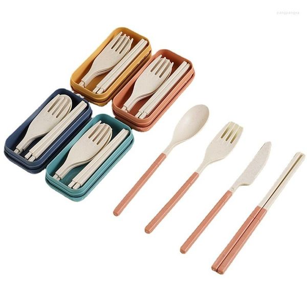 Set di stoviglie Scatola di immagazzinaggio per stoviglie portatile pieghevole Paglia di grano giapponese Coltello Forchetta Cucchiaio Bacchette Set di tre pezzi