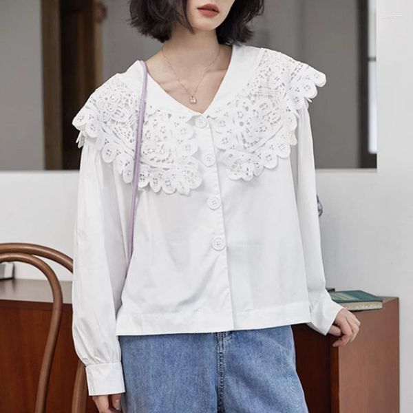 Blusas Femininas Moda Design Elegante Blusa Branca Para Mulheres Soltas Ocas Renda Camisa Turn-down Gola Tops Coreano Vintage 27678