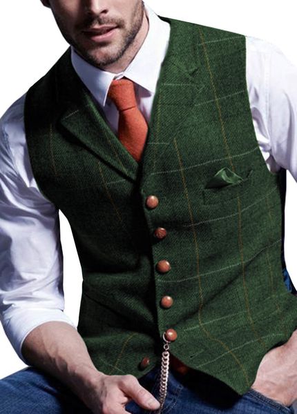 Erkek yelek erkek takım elbise yelek çentik ekose yün tweed yelek gündelik resmi iş groomman düğün yeşili/siyah/yeşil/gri 230728