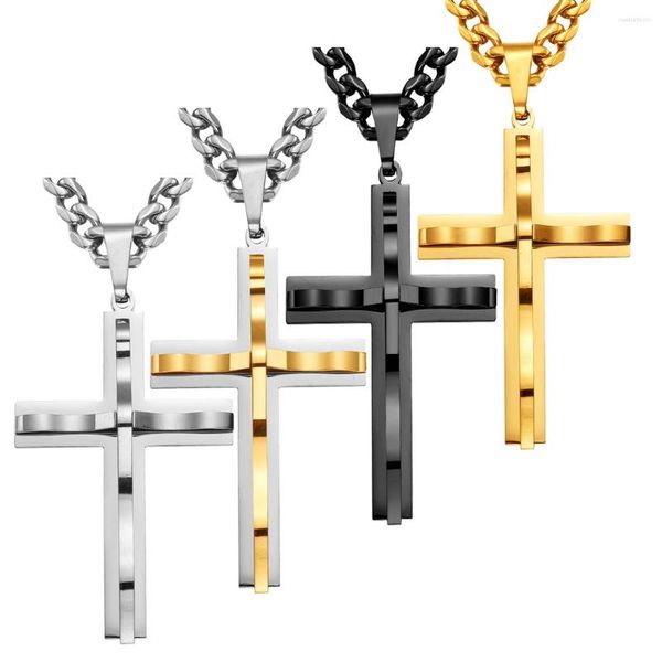 Ketten Damen Herren Halskette mit gebogenem Kreuz-Anhänger aus Edelstahl, 6 mm breit, kubanischer Link, Schwarz/Gold/Silber, 45,7–91,4 cm