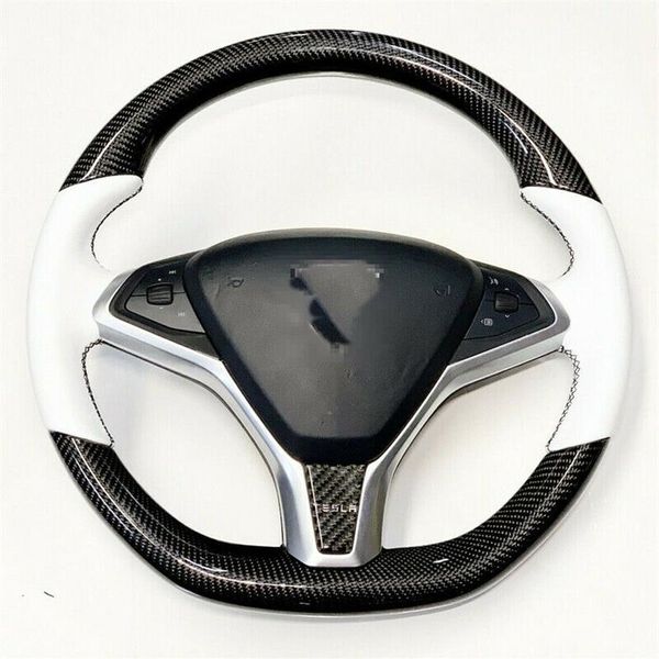 Coprivolante per auto fai-da-te in pelle bianca in fibra di carbonio per Tesla Model S Model X3134