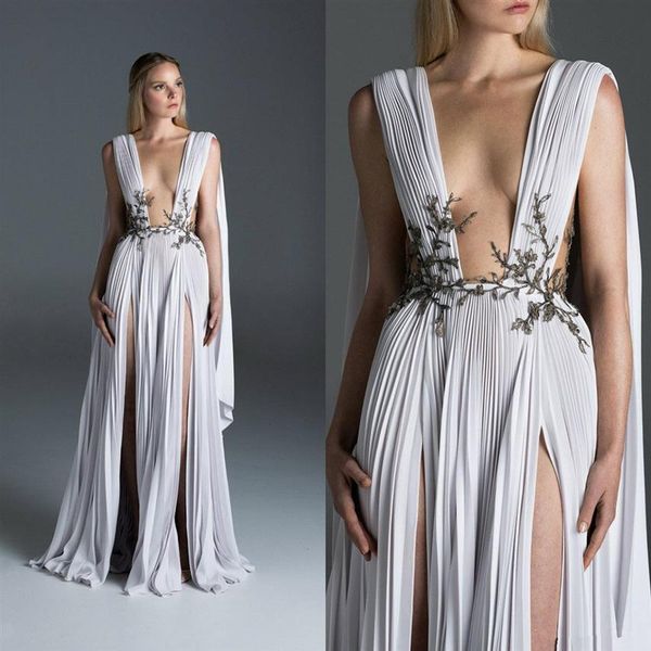 Paolo Sebastian 2020 Robes de bal à fente fendue Dubaï Arabe V Neck en dentelle appliquée sexy robes de soirée Robe formelle Party Wear Abendkl265T