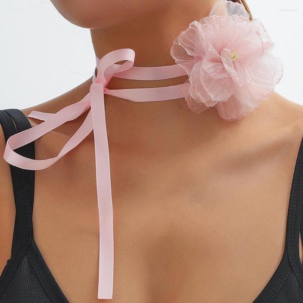 Halsband, elegant, mit großer rosa Blume, Gothic-Kragen, lange verstellbare Seil-Halskette, modischer Halsschmuck, Hochzeitsgeschenk