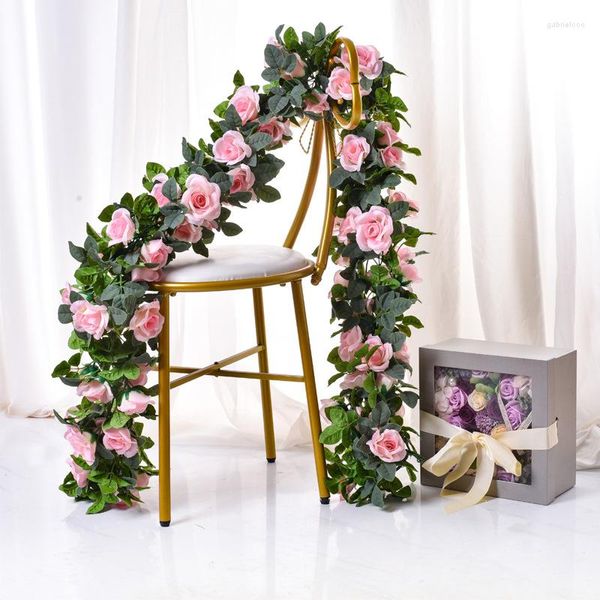 Flores decorativas 16 Cabeças Simulação Rosa Flor Artificial Rattan Falsa Decoração de Casamento Feliz Cachimbo de Água Decoração de Casa