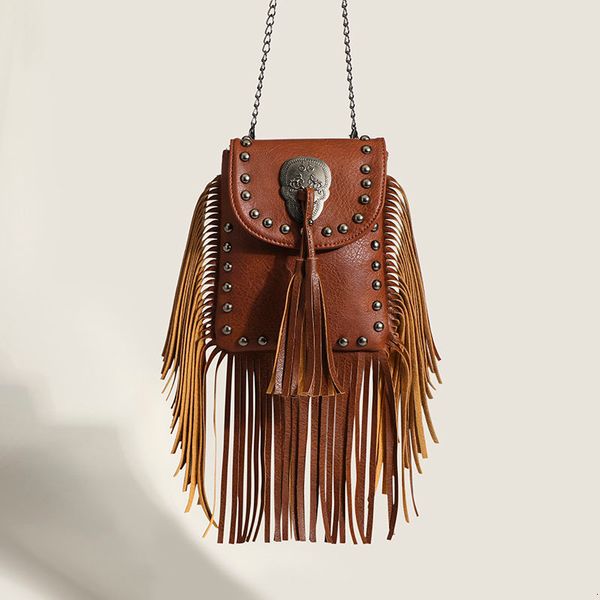 Abendtaschen Bohemian Schädel Nietkette Kette Fringe Quaste Fashion Vintage Frauen Mädchen Punk Frauen Handtaschen Geldbörse kleine Schulter 230729