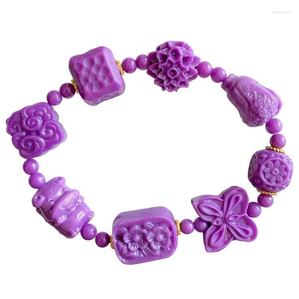 Strang Großhandel Lila Glimmer Natürliche Kristall Armband Geschnitzte Blume Perlen Hand Reihe Für Frauen Männer Handgelenk Geschenk Stein Mode Schmuck