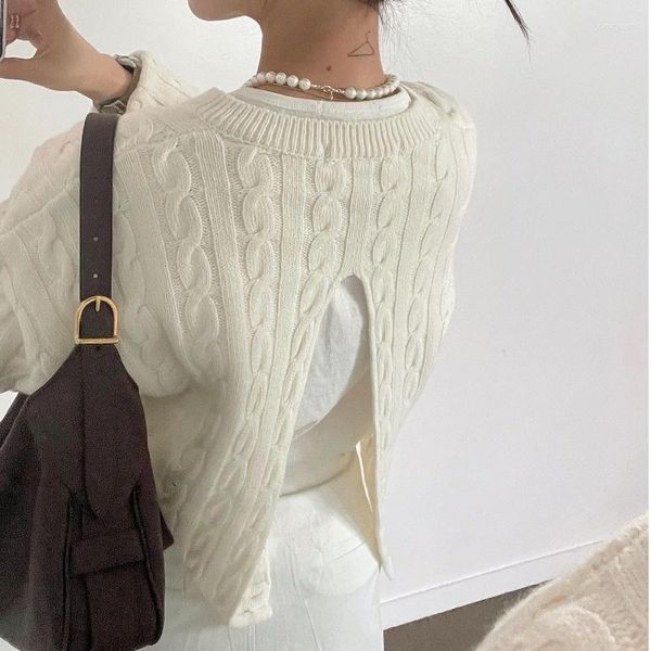 Suéteres femininos 2023 outono para mulheres estilo coreano suéter dividido mangas compridas solto torcido pulôver tops