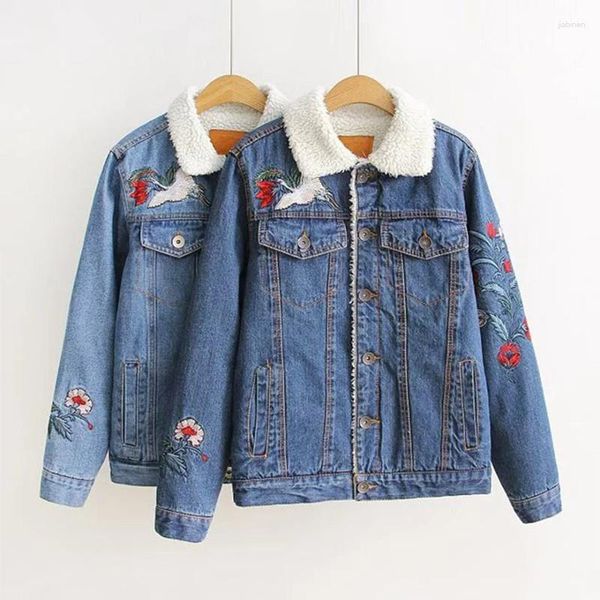 Damenjacken Winter Frauen Stickerei Lammwolle Warm Denim Mantel Vintage Casual Einreiher Revers Verdicken Fleece Kaschmir Jeansjacke