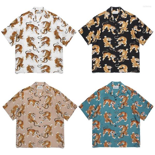 Camisas casuais masculinas Wacko Maria Camisa curta com estampa completa de gola cubana de tigre e camiseta feminina Hawaiian Vacation Collection