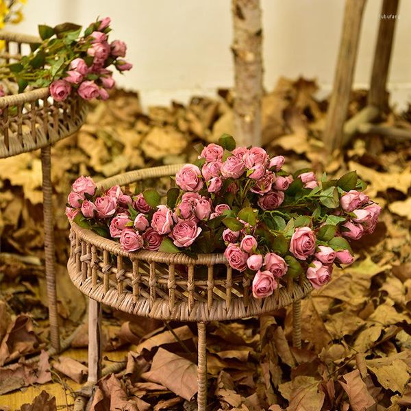 Flores decorativas 5 cabeças flor artificial seda chá rosa 42 cm assada habilidade planta falsa casa jardim festa decoração acessórios natal