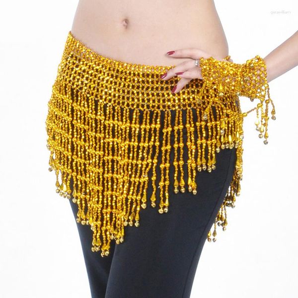 Stage Wear Donna Nappa Sciarpa per anca Danza del ventre Cintura elastica avvolta con frange di perline oro/argento