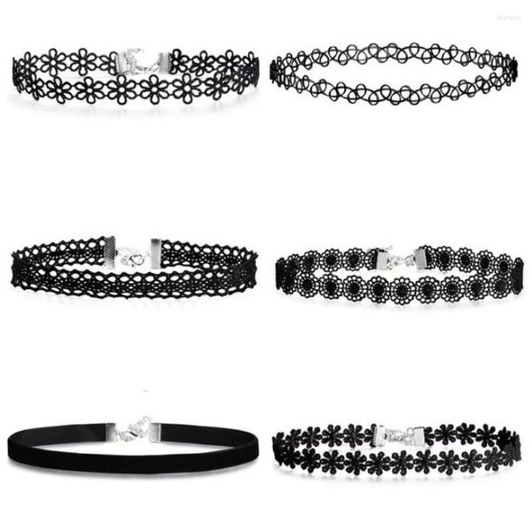 Gargantilha 6 pçs/conjunto gótico punk boho tatuagem veludo preto flor oca renda corrente colar pingente colar feminino meninas jóias collier