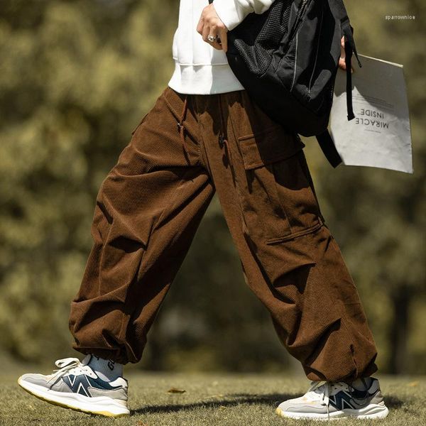 Calça masculina 2023 streetwear para homens moda bolsos soltos calça cargo outono casual cor sólida calças de veludo cotelê masculino lanterna