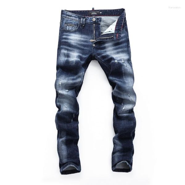 Мужские джинсы дизайн мужа растягивания черепа бренд синие мужские брюки с тонкими джинсовыми брюками
