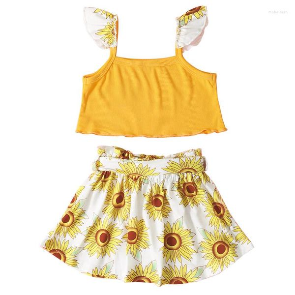 Conjuntos de roupas de 1 a 6 anos infantil meninas roupas casuais de duas peças conjunto amarelo floral estampado tops sem mangas e saia menina verão 2 peças