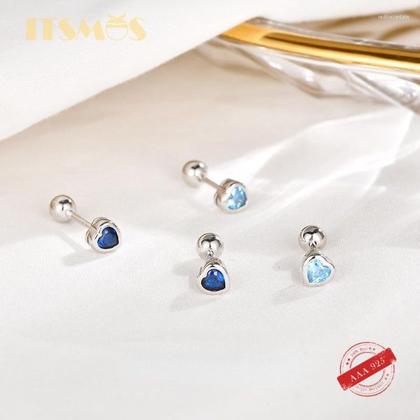 Brincos Stud ITSMOS S925 Prata Esterlina Love Blue Diamond Coclear Screw Twist Ear Studs Simples Princesa em forma de coração