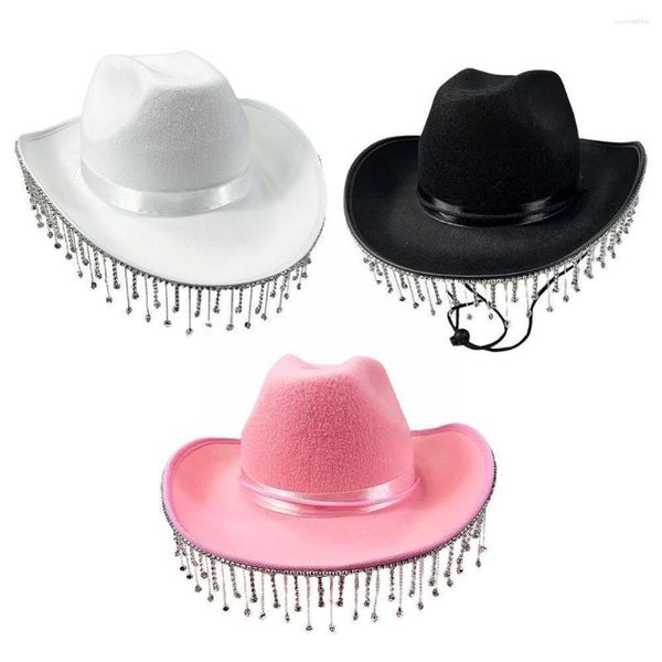 Berets Mode Diamant Cowgirl Hut Fransen Strass Verzierte Kordelzug Party Western Breite Kostüm Cowboy Kappe Krempe Einstellbar