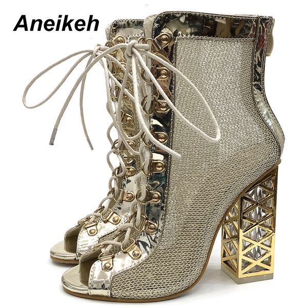 Сапоги Aneikeh Size 41 42 43 Сексуальные золотые глидиаторские сандалии женские туфли женские туфли для шнуровки на высоких каблуках.