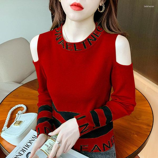 Camisolas Femininas Fashion Color Contrast Letter Sweater Women 2023 Autumn Slimming All-Match Off-the-shoulder Manga Longa Top Bottom