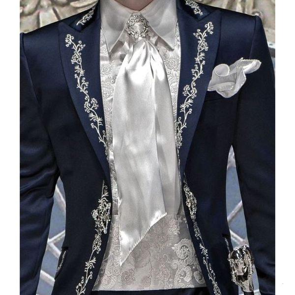 Ternos masculinos Blazers Italiano Elegante Azul Marinho Bordado Terno Masculino Casamento Noivo Ajuste Justo Gentle Prom Traje Festa Homme Jantar Tuxedo 2 Peças Terno 230728