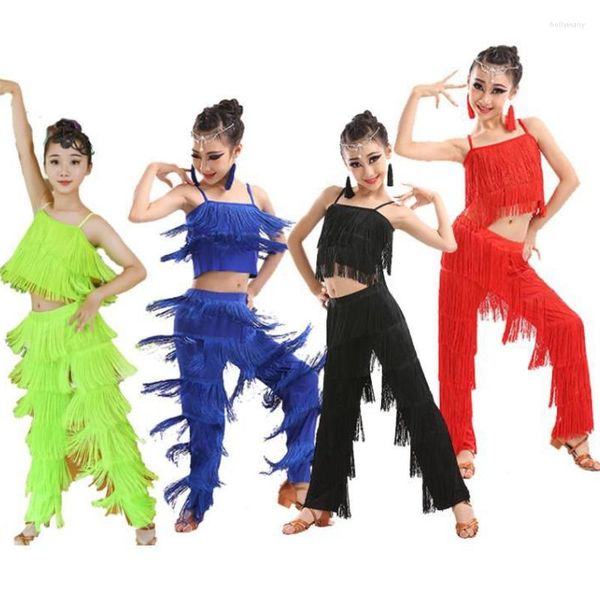 Bühnenkleidung Kinder Latin Dance Kostüme Ballsaal Plus Size Fransen Quaste Kleid Hosen Mädchen Pailletten Salsa Samba Kinder Outfits Kostüm