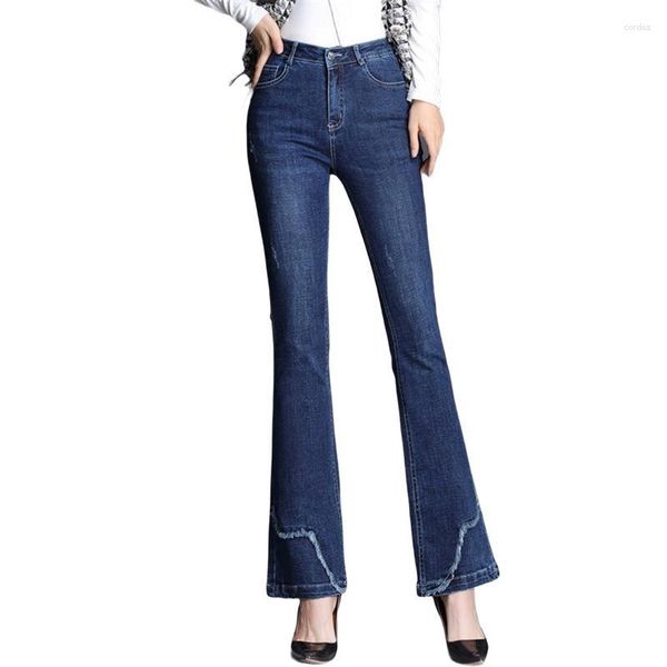 Jeans feminino 2023 primavera e outono micro flare cintura alta extra grande elástico emagrecimento calças casuais