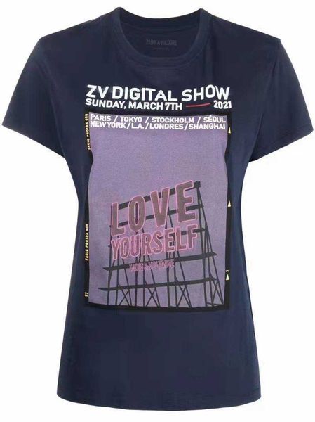 Zadig Voltaire designer de moda clássica camiseta Letra inglesa AME-SE Digital Impressão em torno do pescoço de manga curta T-shirt Crew tops oversized