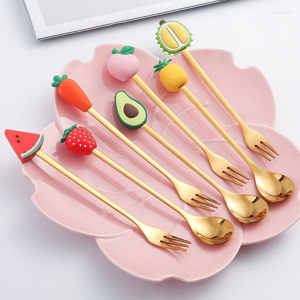 Set di stoviglie in acciaio inox Cucchiaio Forchetta Cartoon Frutta Macaron Cucchiai da dessert Forchette Set per bambini Accessori da cucina