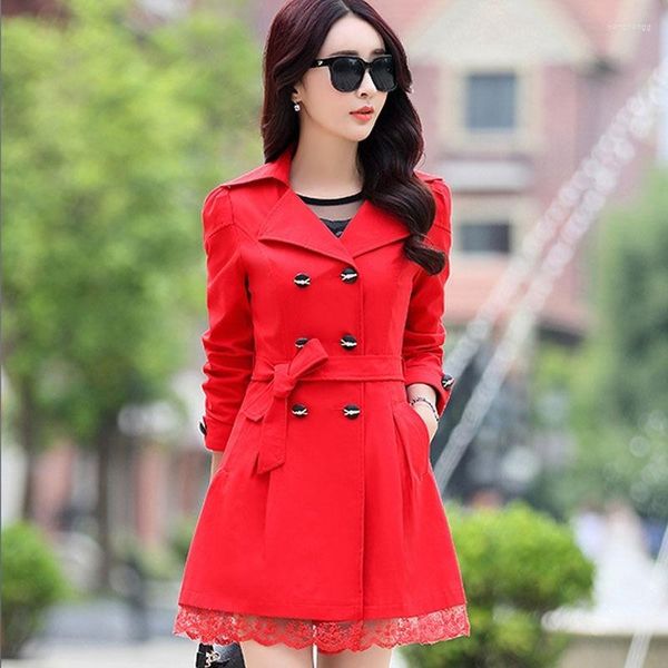 Trench Coats Feminino 2023 Casaco Feminino Spring Streetwear Sobretudo Gola Turndown Slim Fit Duplo Seios Laço Longo Feminino Jaqueta Roupas