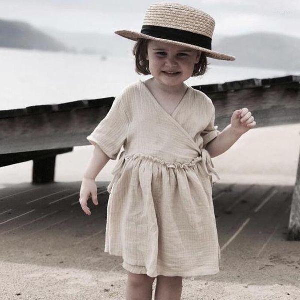 Vestidos de menina verão bebê meninas algodão manga curta lapela inclinada praia japonês infantil branco vestido de musselina infantil 0-4 anos