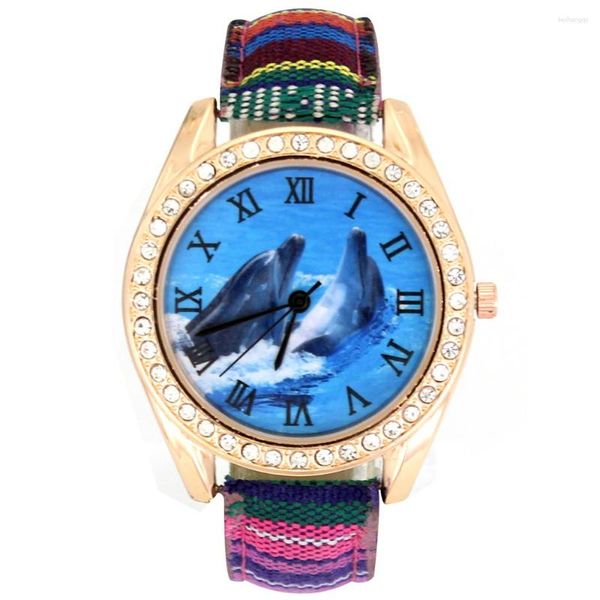 Relógios de pulso Dolphin Aquarium Fish Show Moda Feminina Luxo Rosa Ouro Vestido de Cristal Jóias Denim Lona Banda de Pano Relógio de Pulso Analógico