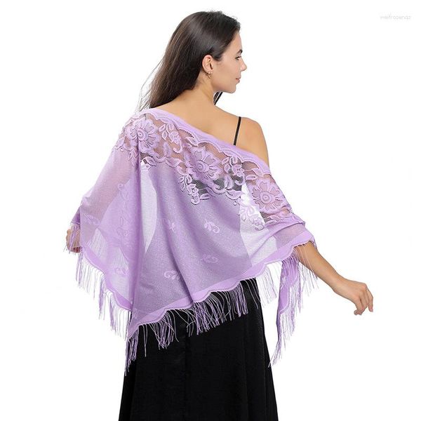 Cachecóis Xales de Renda Triângulo de Cor Pura para Vestidos de Noite Femininos Oco Transparente Nupcial Dama de Honra Festa de Casamento Xaile Borla Capa Envoltórios