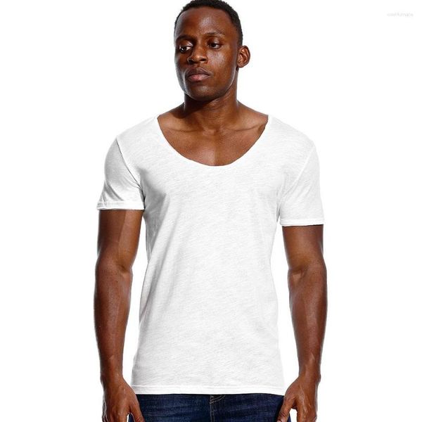 Ternos Masculinos B4939 Decote em V Profundo Slim Fit Manga Curta T-shirt Para Homens Corte Baixo Esticado Vee Top T-shirt Moda Masculina Invisível Casual