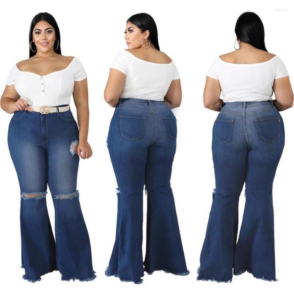 Jeans Feminino Tamanho Grande XL-5XL Calça Feminina Flare Cintura Alta Moda Furos Rasgado Claro Lavado Grande Feminino Calça Sino Bottom Fall