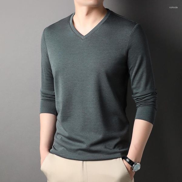 Camisetas masculinas moletom lã de alta qualidade 4,7% moda decote em V cor sólida camisa de manga comprida macia roupa casual