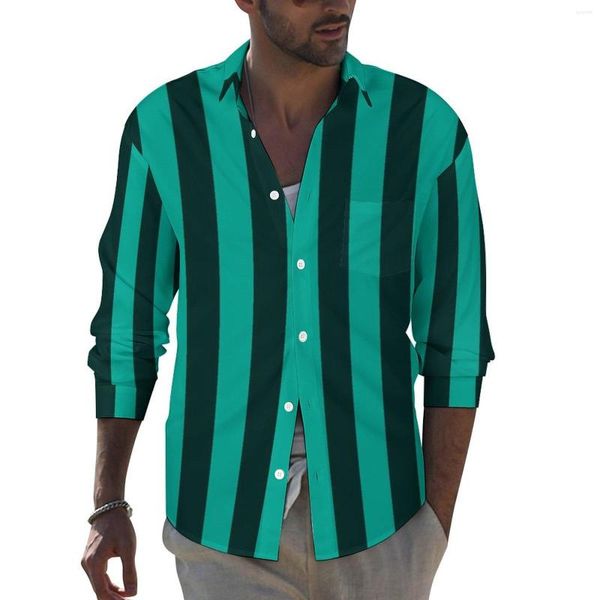 Camicie Casual da uomo Camicia a righe verdi Uomo Linee nere Stampa Autunno Street Camicette personalizzate Manica lunga Allentato Top oversize Regalo