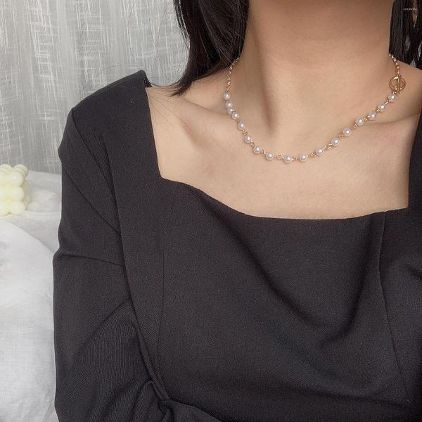 Collane a ciondolo 2023 Simple Heart Pearl Collana per donne in argento Golden Round Circle Chain Clavicle Chain Gioielli minimalisti